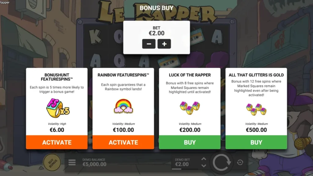 Tampilan antarmuka game slot Le Rapper di layar ponsel dengan karakter Smokey si rakun.
