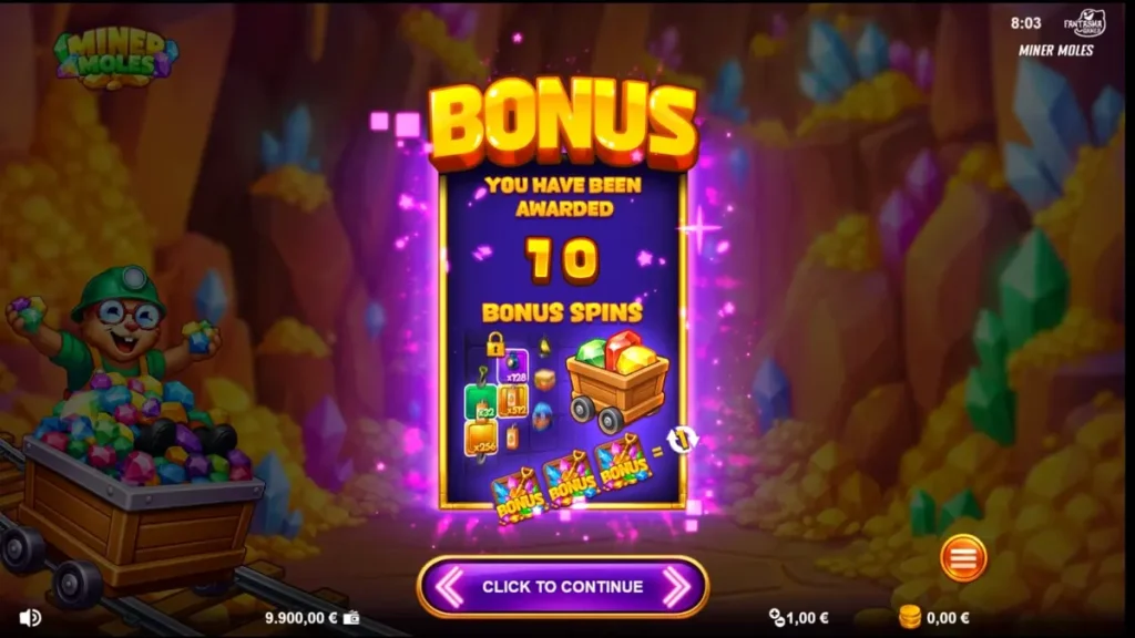 Tampilan visual slot Miner Moles dengan tema tambang kartun yang penuh warna dan karakter mole yang menggemaskan.