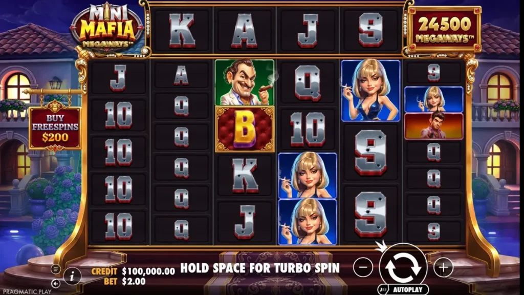 Tampilan visual slot Mini Mafia Megaways dengan tema mansion mafia dan elemen kriminal.