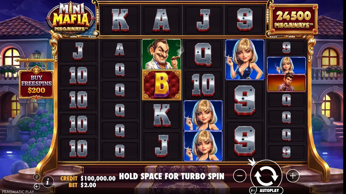 Tampilan visual slot Mini Mafia Megaways dengan tema mansion mafia dan elemen kriminal.